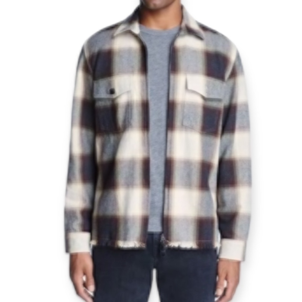 7 For All Mankind Plaid Zip Shirt Jacket Fray Hem Brown Cream Shacket